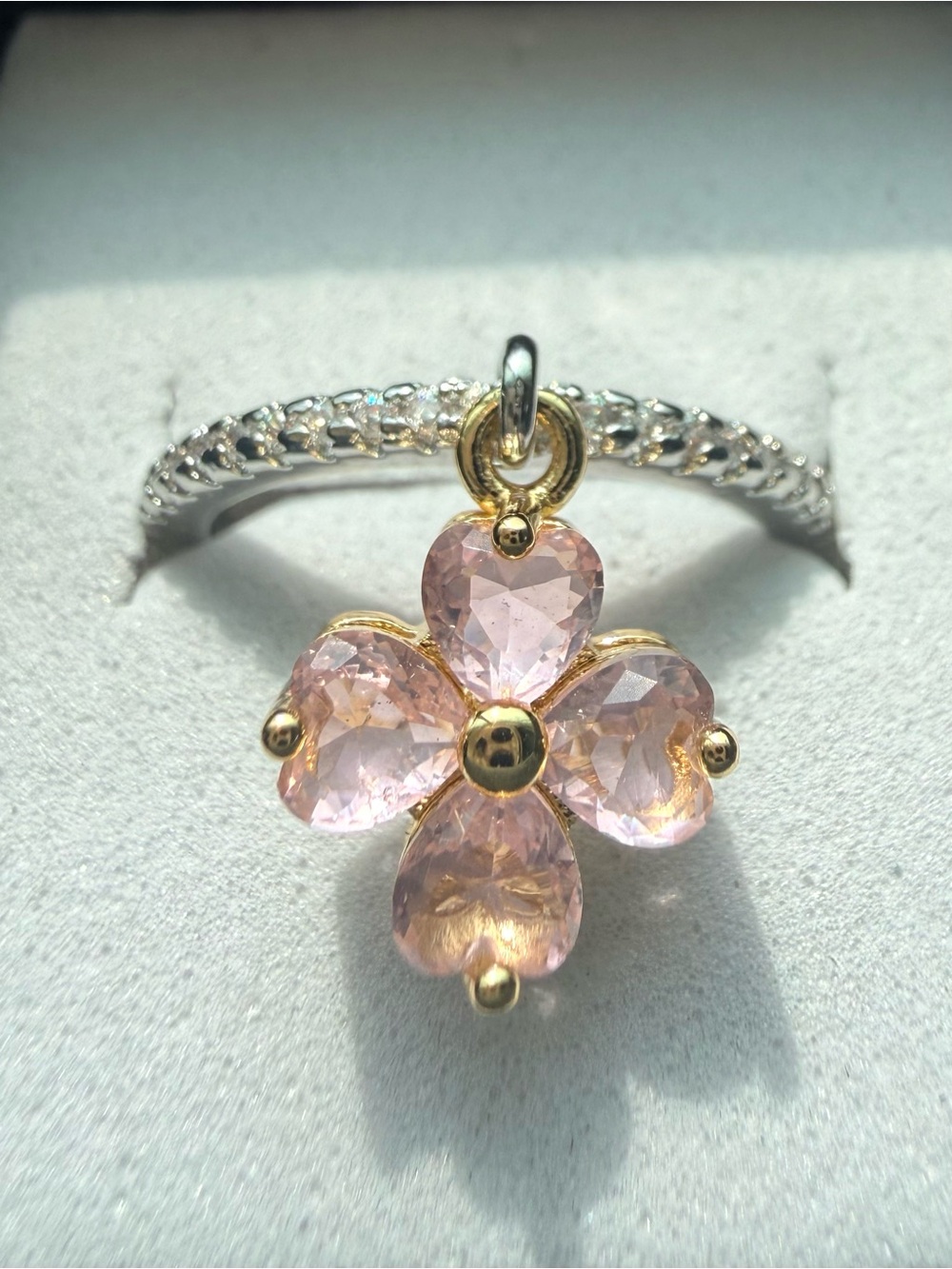 NEW! 14k plated Band Ring with  Gold and Pink Flower Accent size 5.5